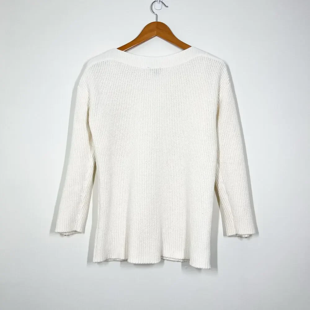 Ann Taylor Cotton‎ Blend White Pearled Sleeves Boat Neck Sz M Pullover Sweater